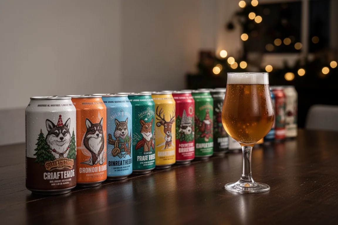 Colourful craft beer cans lined up on a wooden table in a warm evening setting