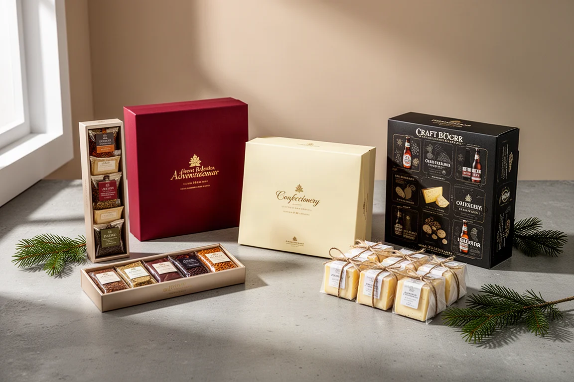 Five premium advent calendar boxes arranged on a concrete surface with evergreen sprigs