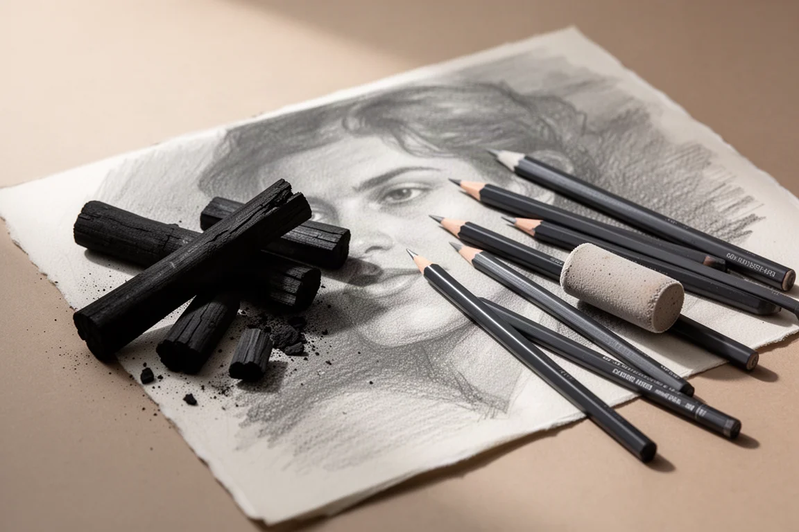 炭筆和石墨素描工具整齊排列在紋理紙上