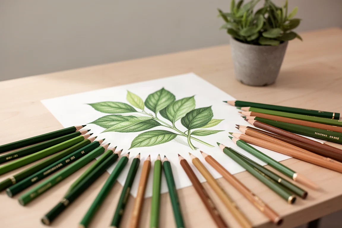 Botanisk illustration i arbete med gröna och jordfärgade pennor utlagda