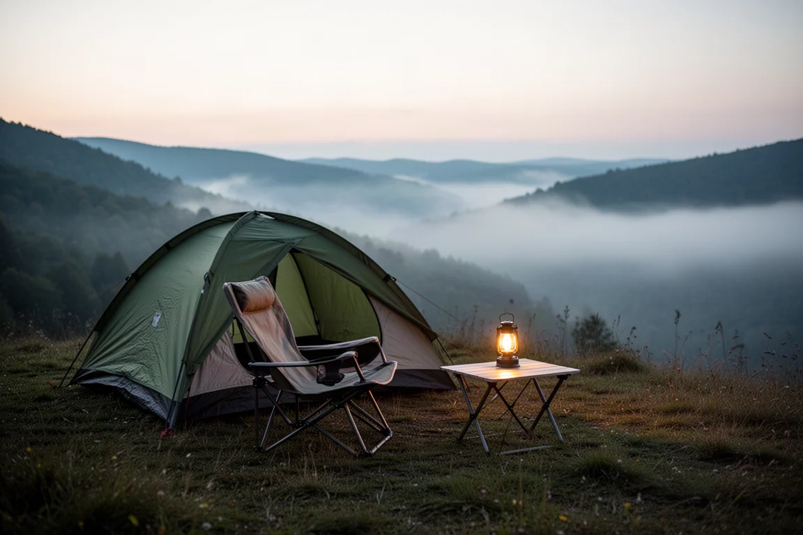 Backcountry campsite at dusk with a pitched tent, reclining chair and glowing lantern