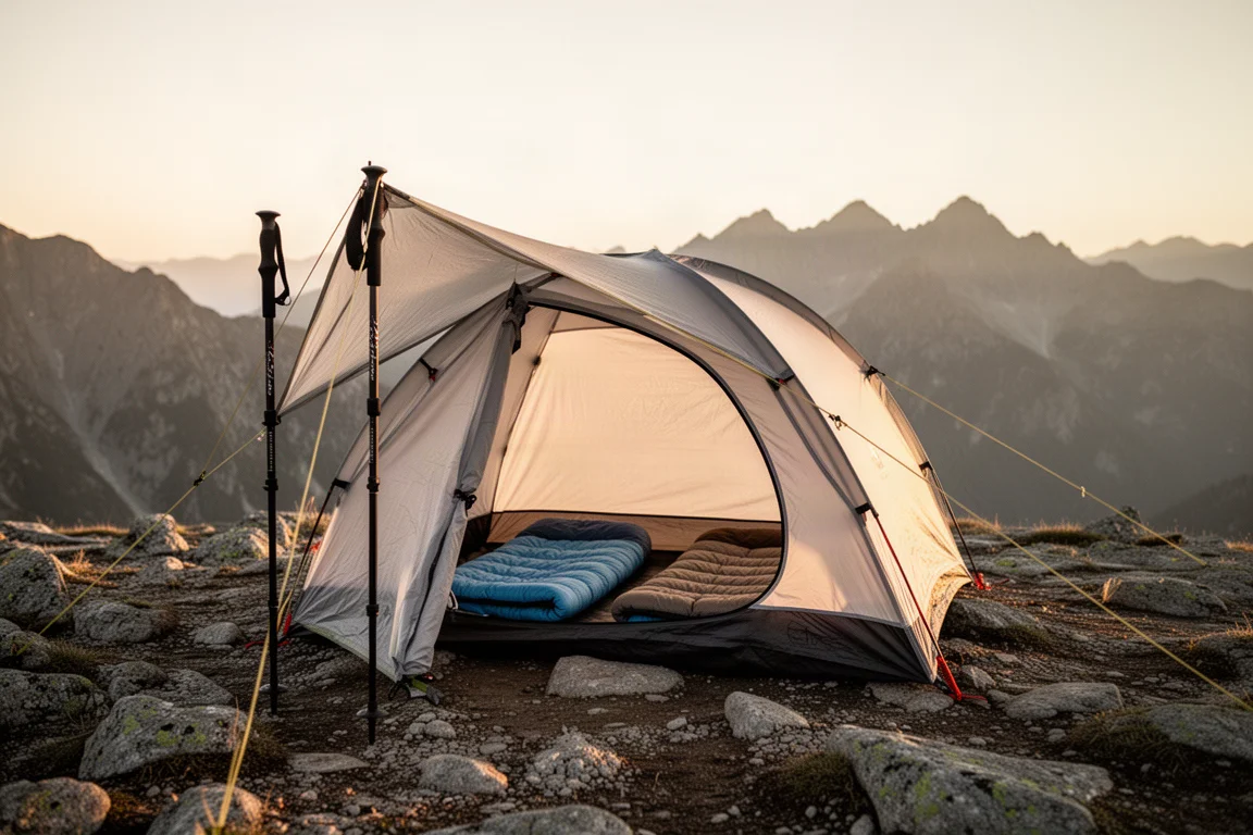 Lightweight trekking-pole tent pitched on a rocky alpine plateau at golden hour