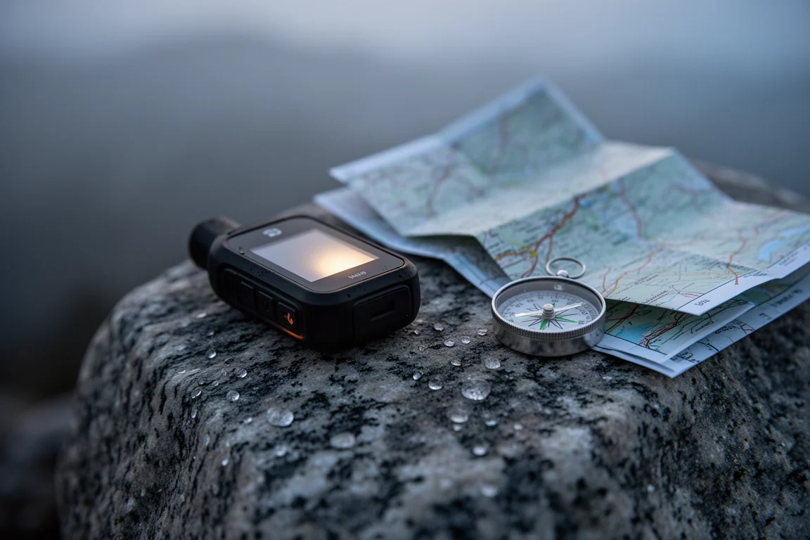 Compact satellite messenger resting on granite beside a folded map at dusk