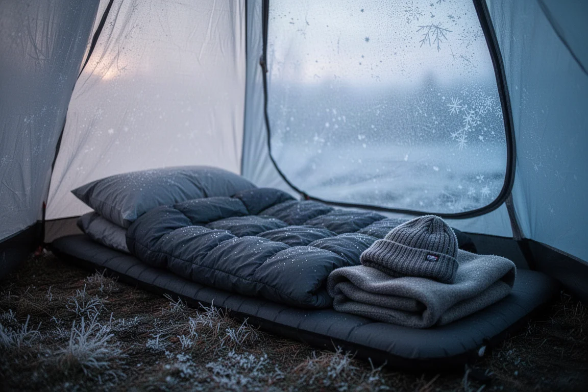 Frost-dusted sleeping pad and quilt inside a tent at cold dawn