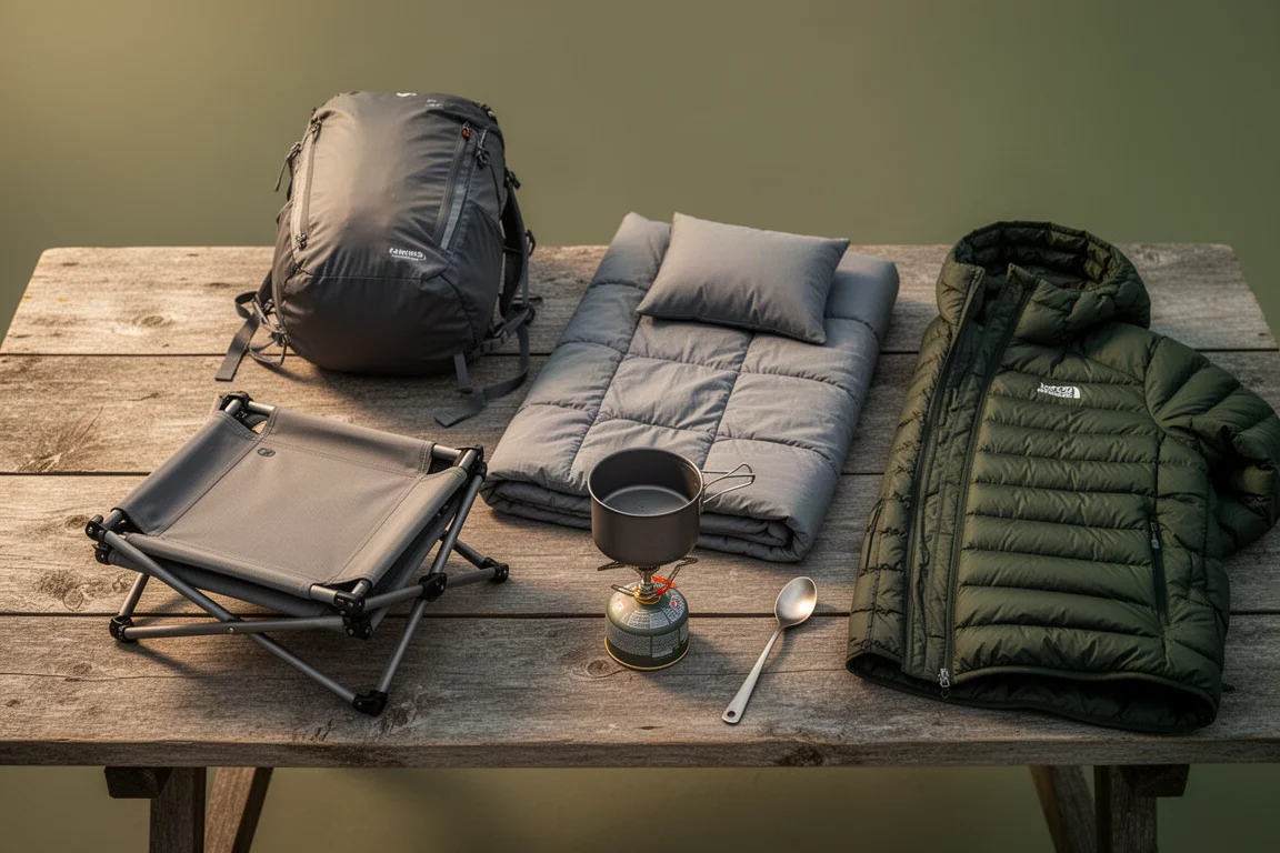 Flat-lay of luxury backpacking gear including pack, chair, quilt, stove and titanium spoon