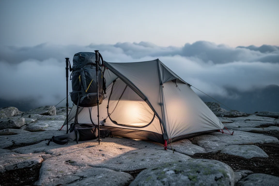 Ultralätt backpackingtält uppsatt på en klippig platå i skymningen med invändig belysning