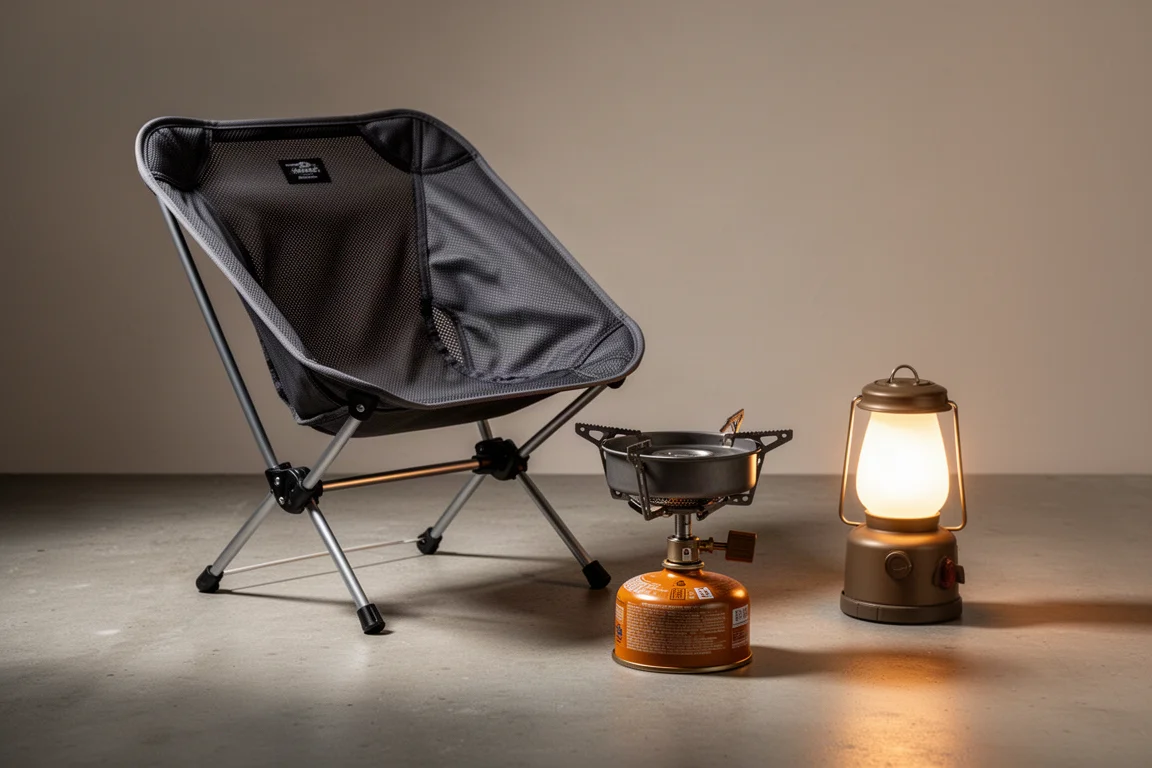 Backpacking chair, canister stove and small lantern arranged on a concrete surface