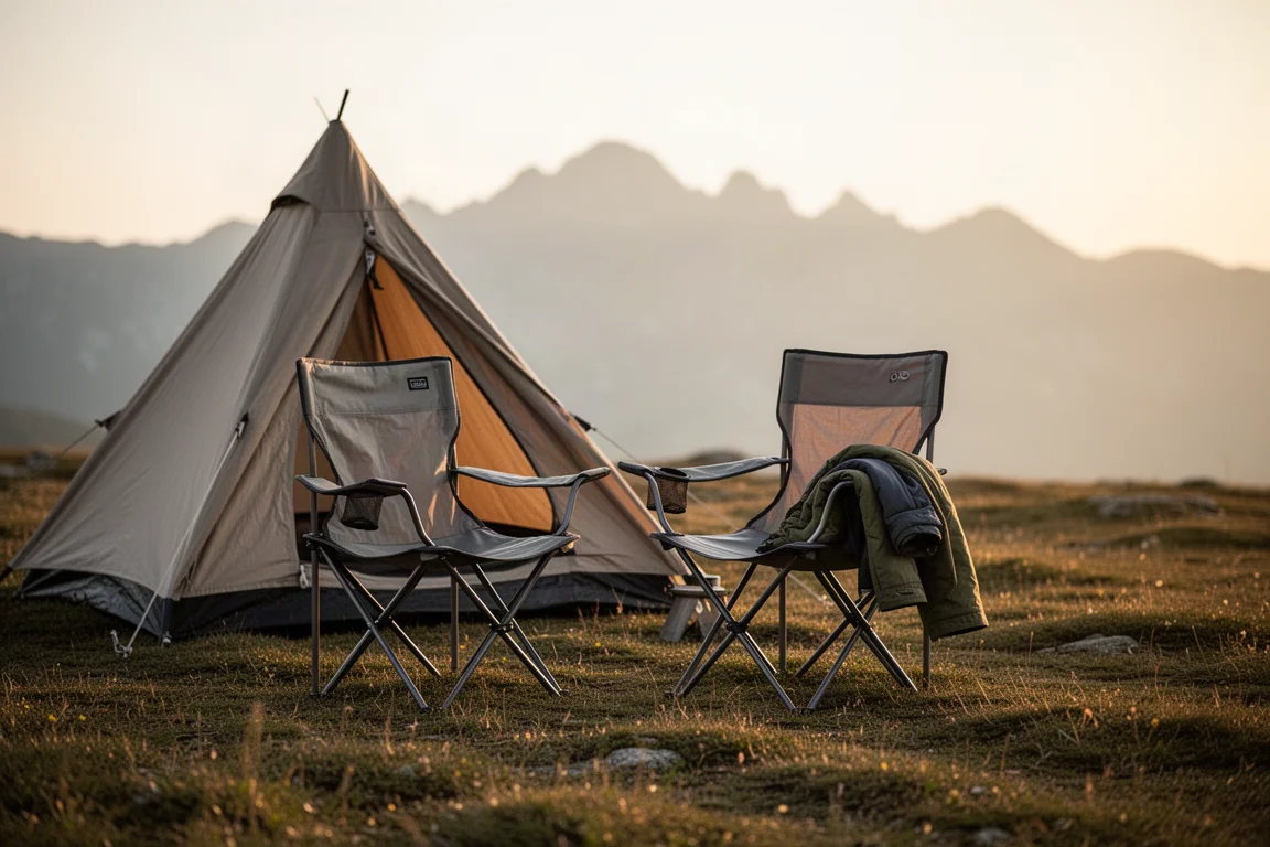 Piccolo campo di backpacking all'ora d'oro con sedia pieghevole, pentola e creste montuose in lontananza