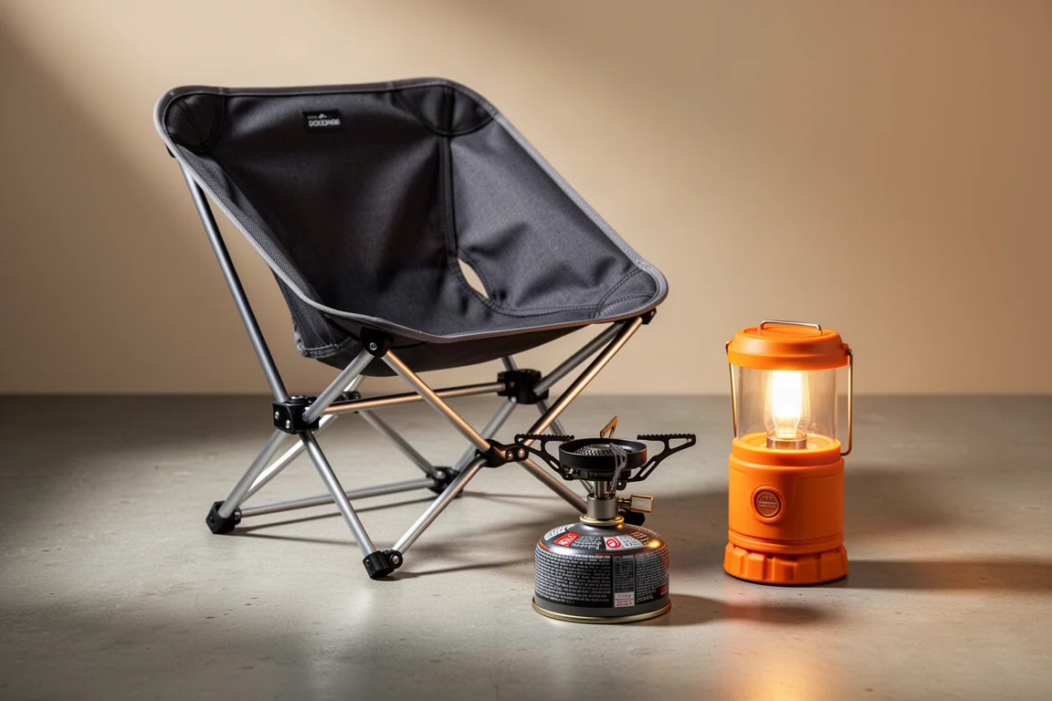 Folding camp chair, compact camping stove and glowing orange lantern arranged on a wooden surface