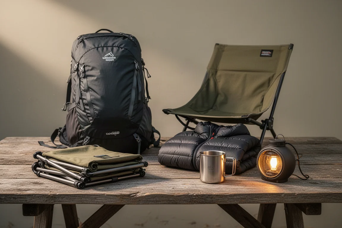 Op comfort gerichte backpackuitrusting op een verweerde houten kampeertafel