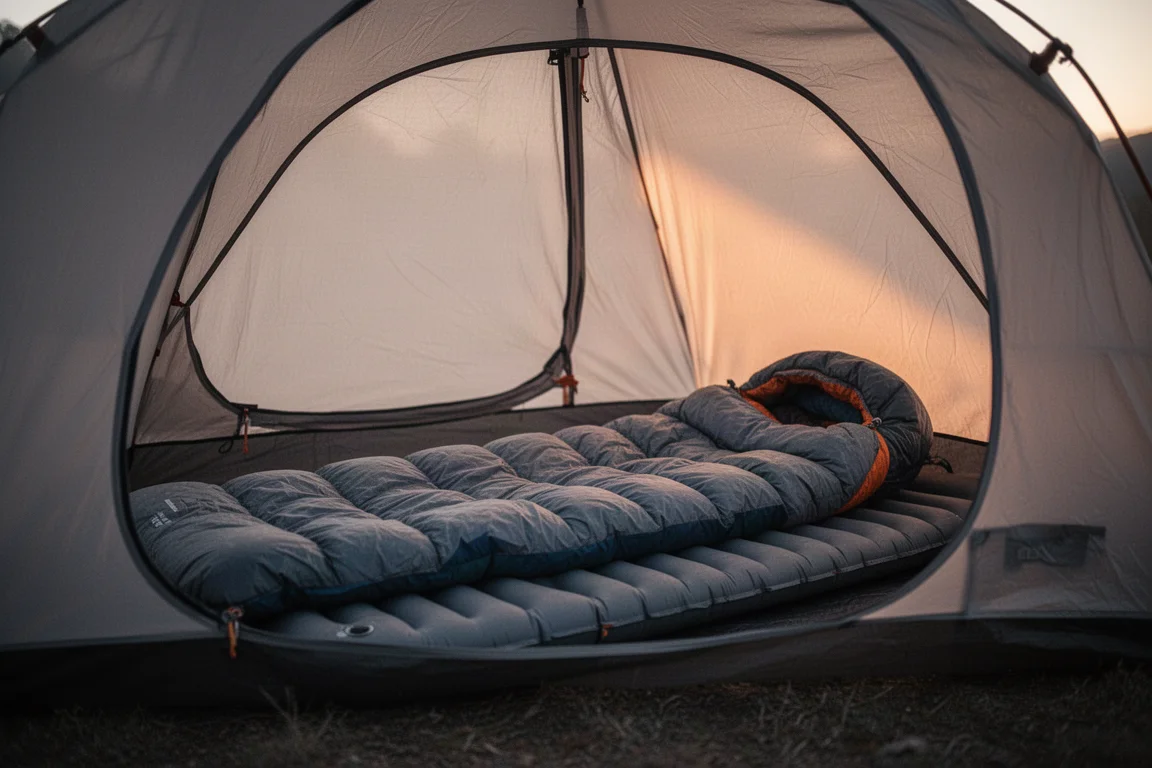 Interno di una tenda da backpacking al crepuscolo con un ampio materassino, un quilt e un cuscino sistemati