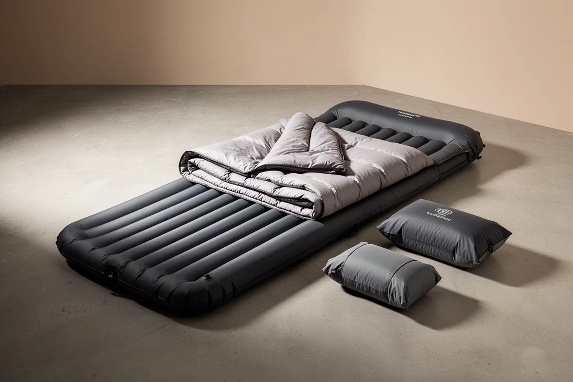 Wide sleeping pad, quilt, and two camp pillows arranged on a concrete surface