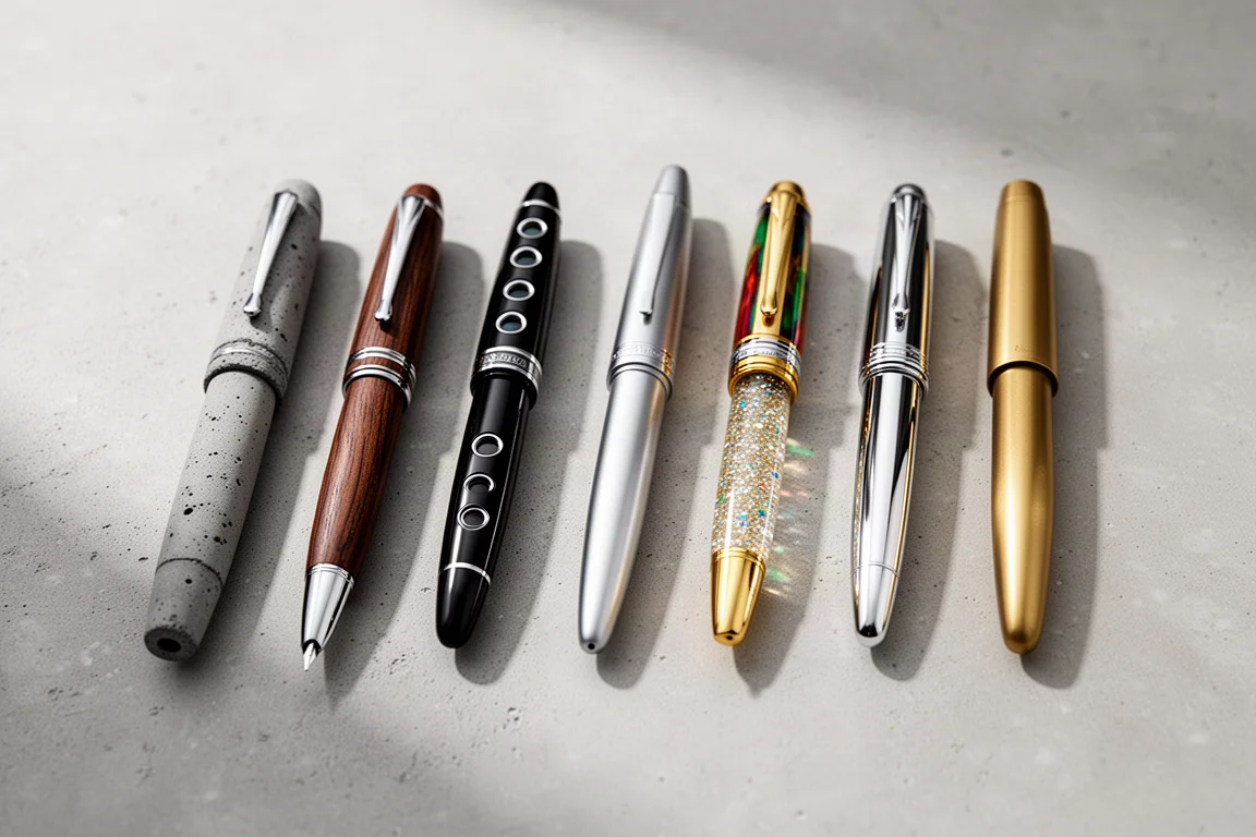 Eight luxury fountain pens made of concrete, wood, ebonite, aluminum, brass, lacquer, resin, and silver arranged in a row