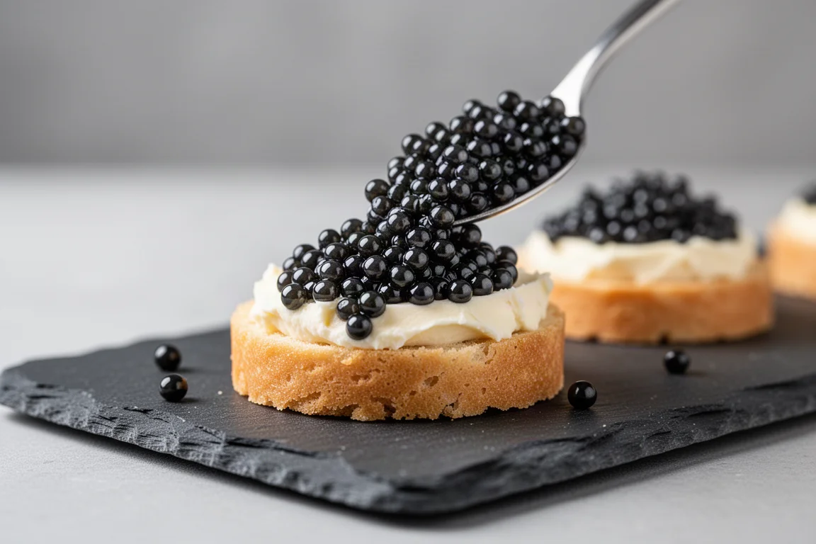 Perlas negras estilo caviar servidas sobre una tostada de queso crema