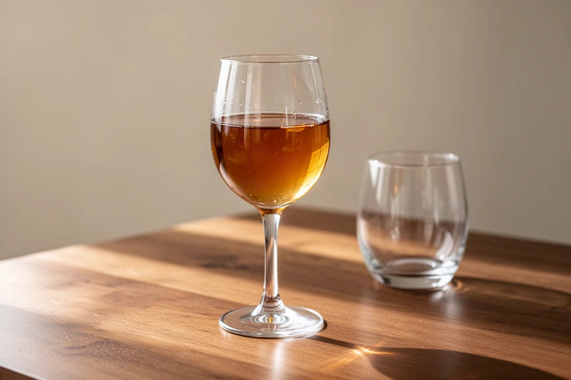 Té ámbar servido en una copa de vino sobre una mesa de madera