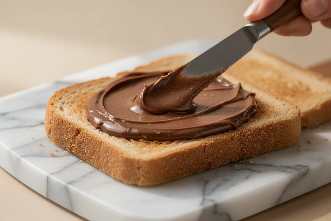 Crema de chocolate y avellana untada finamente sobre una tostada