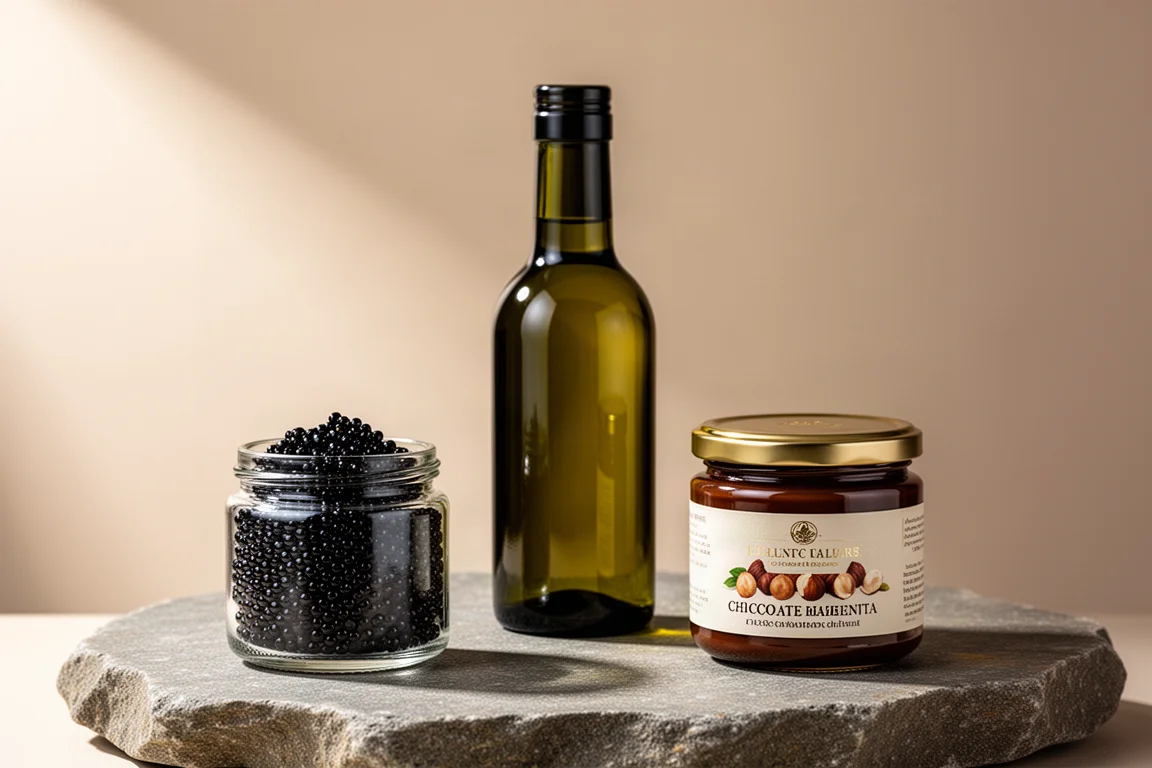 Vegan caviar jar, tea bottle and chocolate spread jar arranged on a stone surface