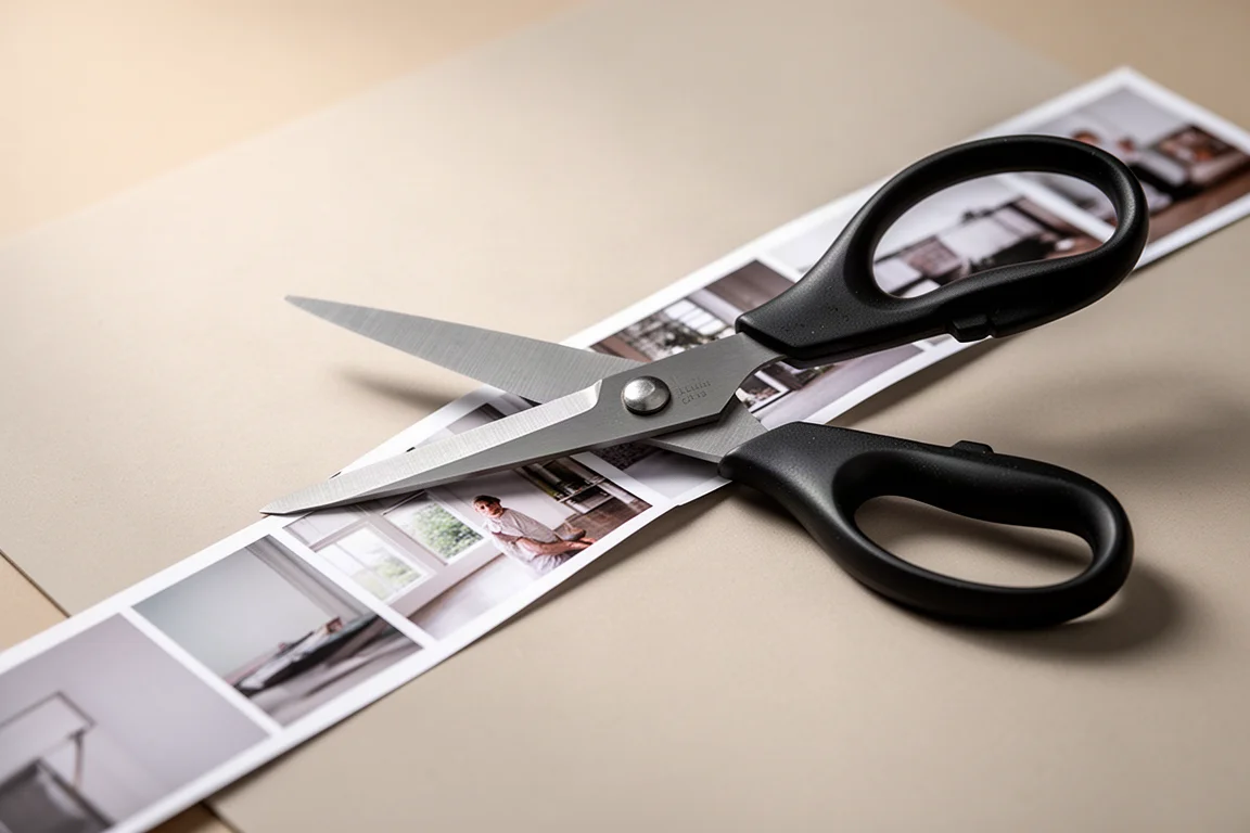 Profesjonalne nożycy tnące czysto papier fotograficzny na podkładce