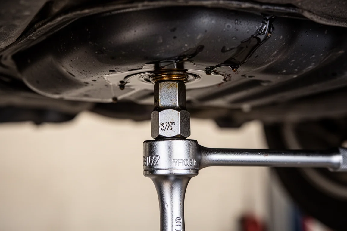 Bouchon de vidange d'huile sur un carter d'huile de voiture avec une clé à douille appliquée