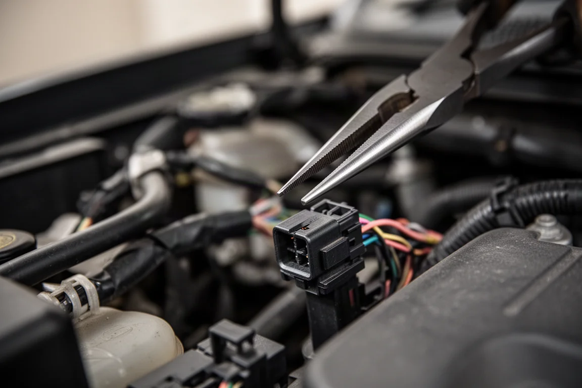 Närbild på smala tångspetsar som når in i en trång motorrum runt en elektrisk kontakt