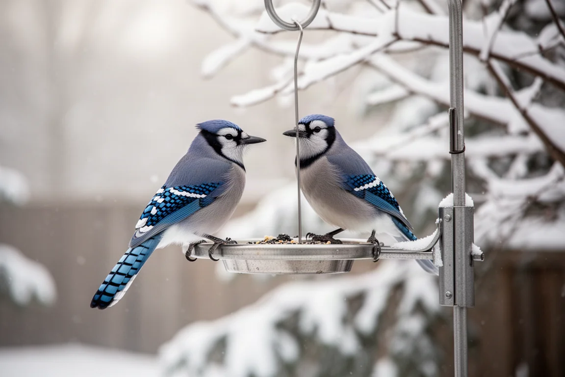 Ghiandaia blu appollaiata davanti alla fotocamera di una mangiatoia per uccelli, con dettaglio nitido