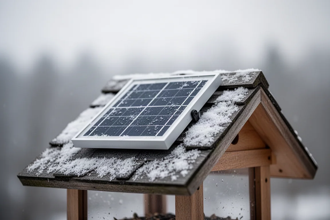 Pannello solare sul tetto di una mangiatoia per uccelli sotto un cielo invernale nuvoloso