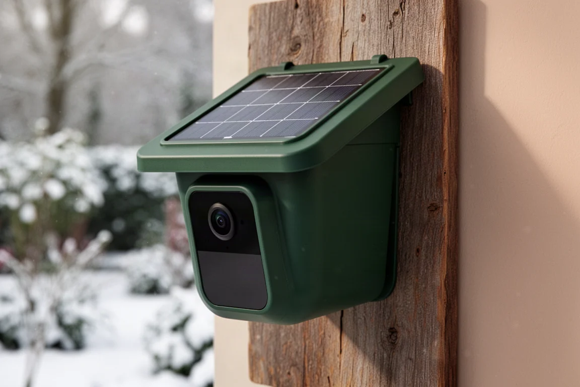 LyfeRing Smart Bird Feeder mit Solarpanel-Dach, montiert auf einem Holzbrett