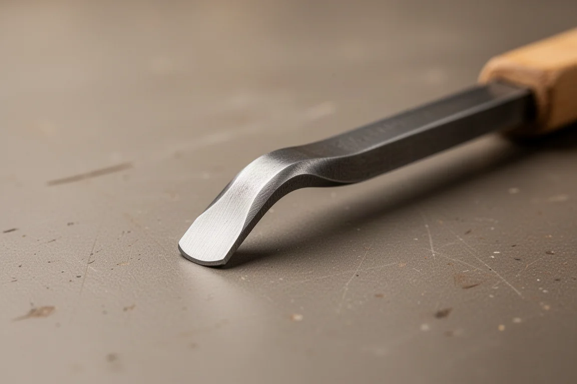 Bent tip of a small steel pry bar resting on a workshop bench