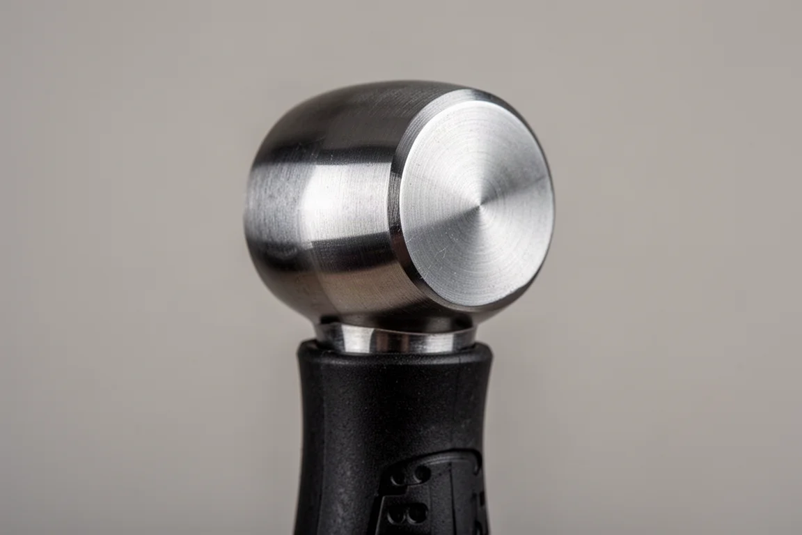 Steel striking cap on top of a pry bar handle under soft light