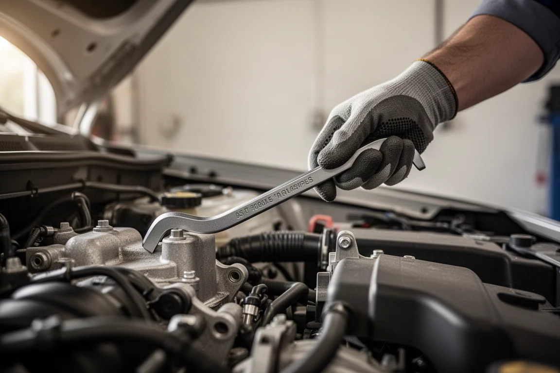 Mechanic prying a component loose in an engine bay