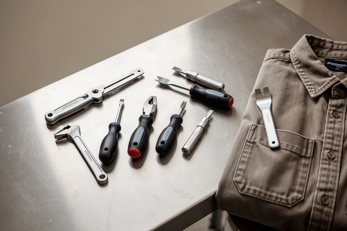 Open tool drawer with assorted hand tools on a workbench