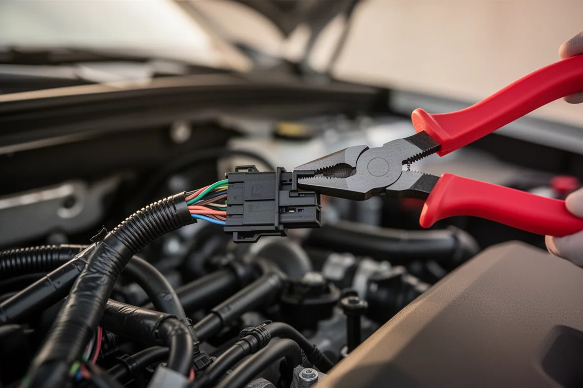 Automotive electrical connector being worked on with pliers in an engine bay
