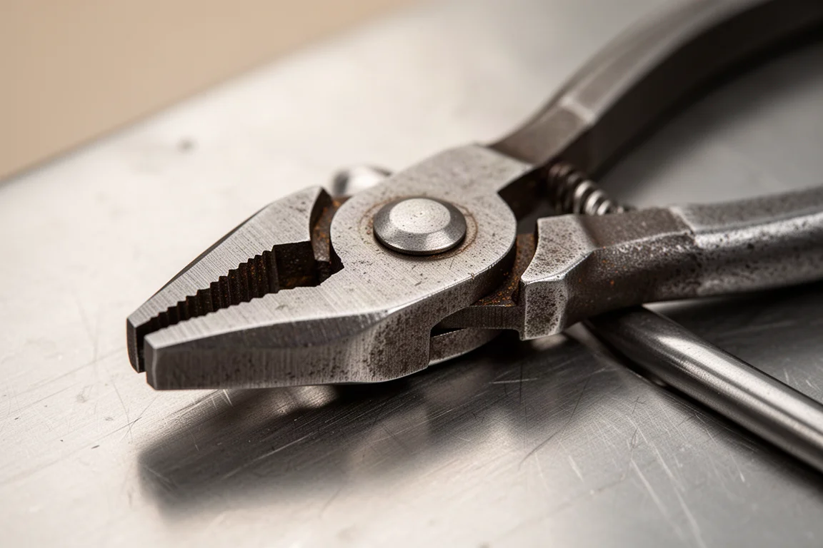 Close-up of the riveted pivot joint of a pair of pliers on a workbench