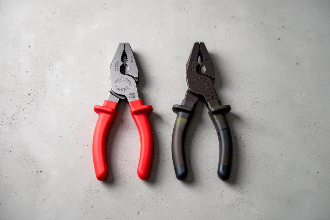 Two pairs of pliers with red and black dipped handles laid parallel on grey surface