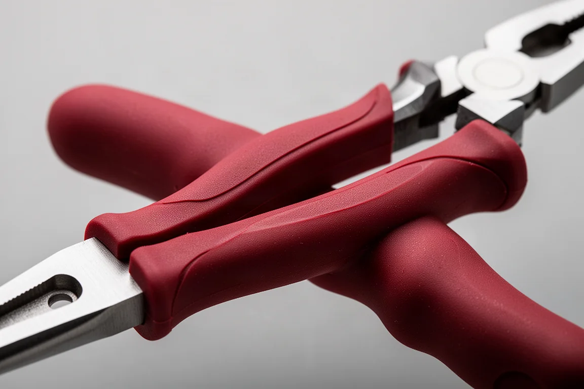 Close-up of the dipped red handle grip of a pair of pliers