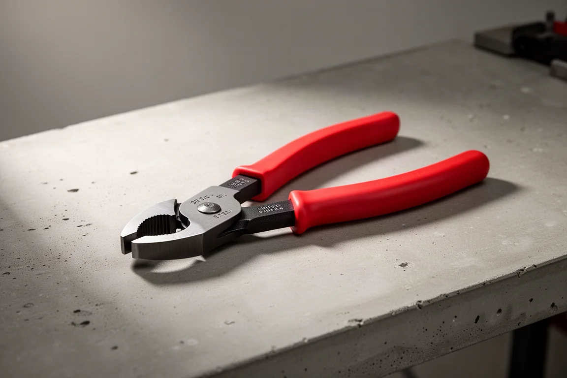 Lyle electrical disconnect pliers with red handles on a concrete workbench