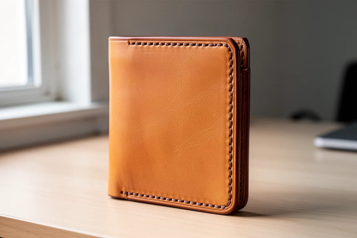 Primer plano de la cartera vertical de cuero color tan con costura cocoa