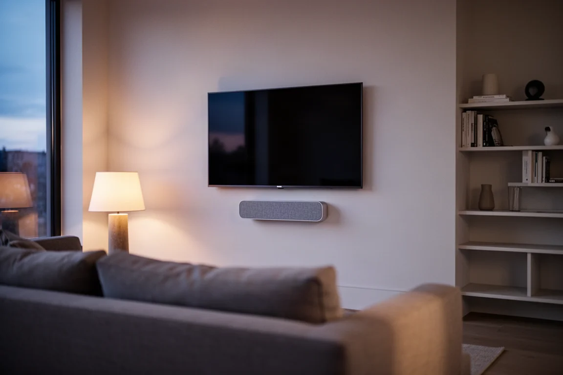 Soggiorno al crepuscolo con una sottile televisione a parete e un diffusore poco profondo montato sotto di essa