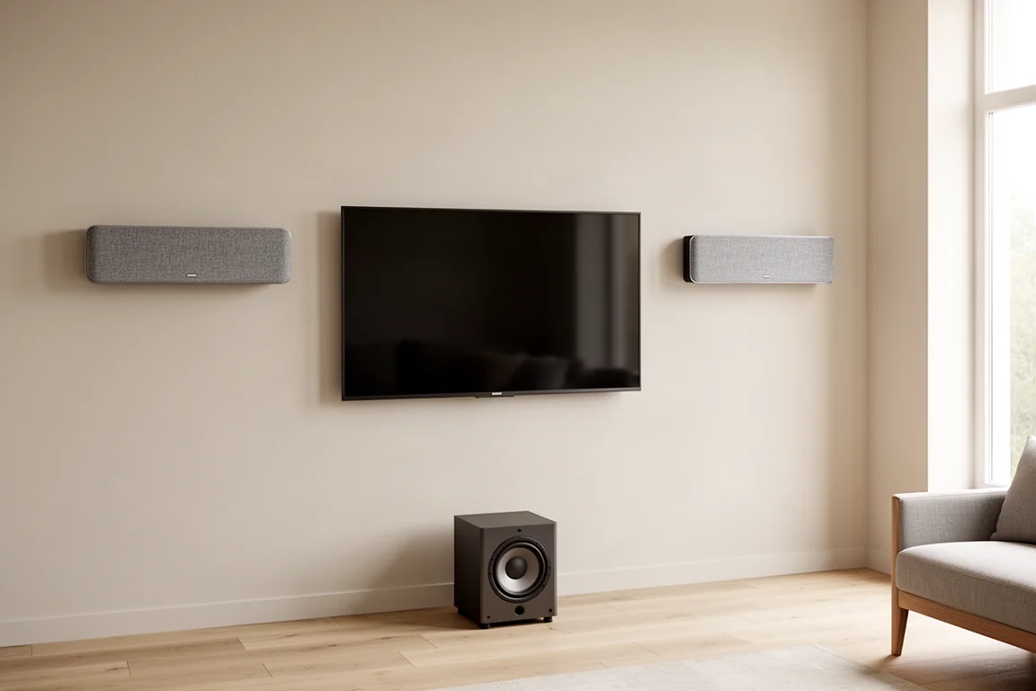 Due diffusori sottili a parete accanto a una televisione con un compatto subwoofer su pavimento in rovere