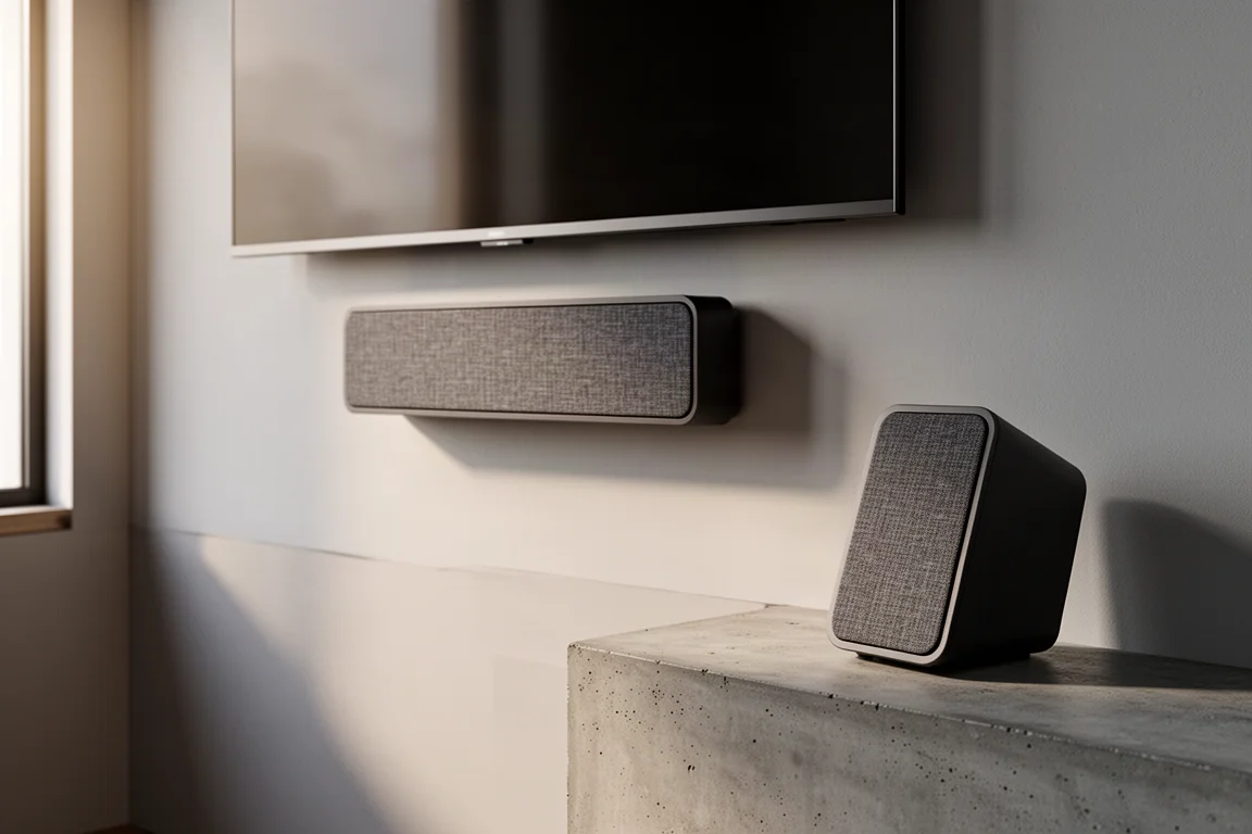Shallow on-wall speaker mounted beneath a slim wall-mounted TV, with a second identical speaker nearby