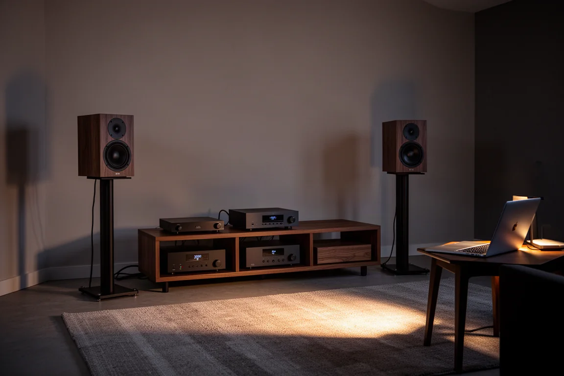 Dusk listening room with speakers, a low equipment rack and a laptop on a side table