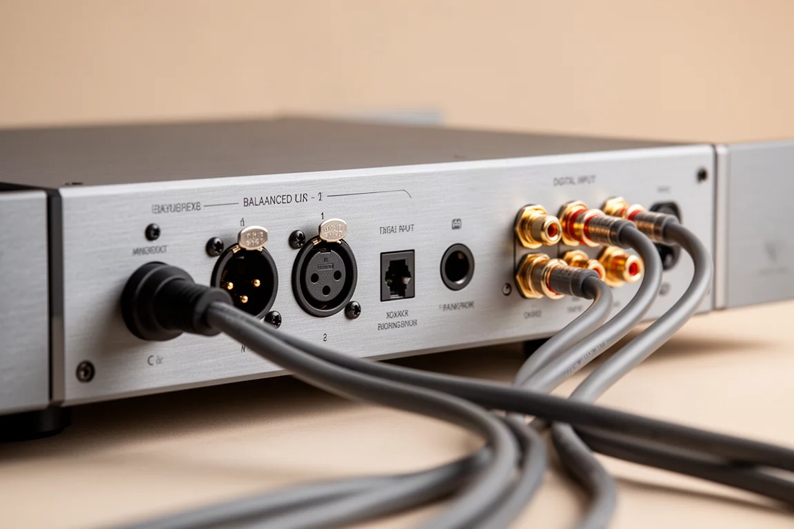 Close-up of balanced XLR and digital connectors on an amplifier rear panel