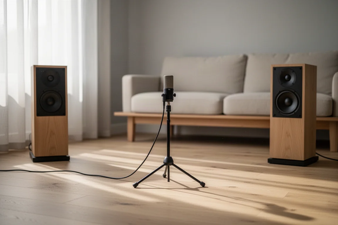 Measurement microphone on a tripod between speakers in a sunlit living room