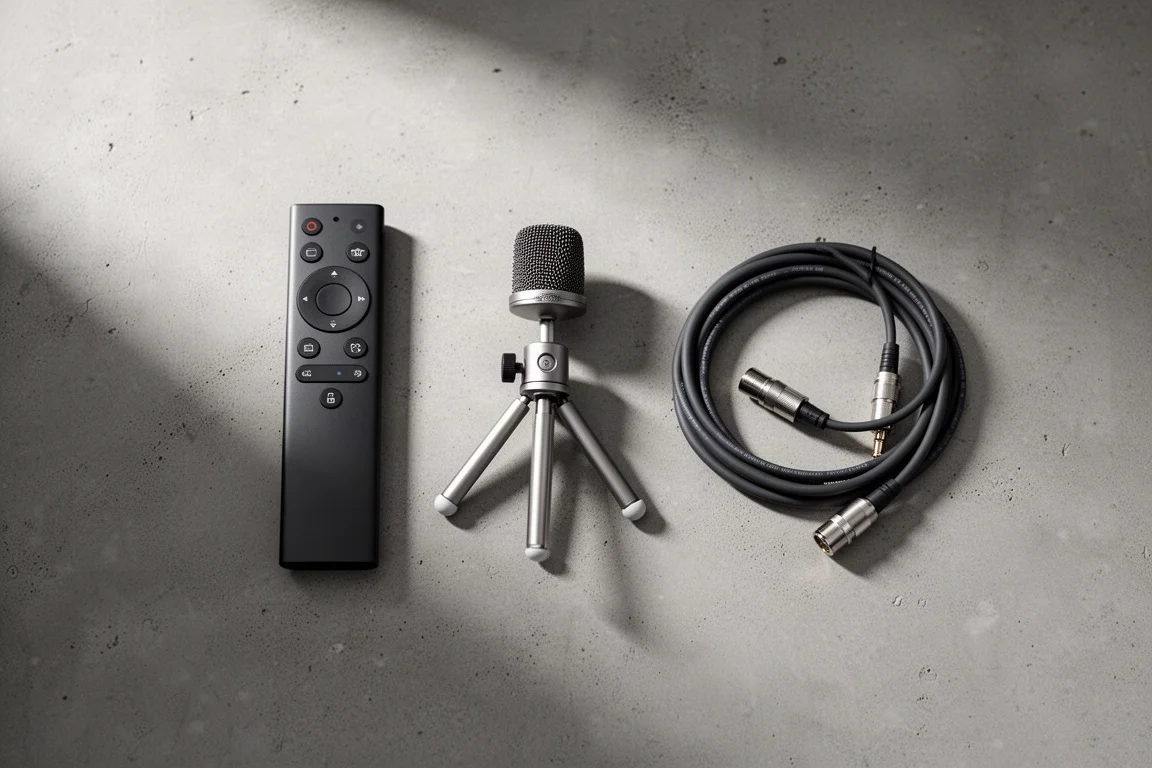 Overhead flat-lay of remote control, microphone, cable and connector on concrete