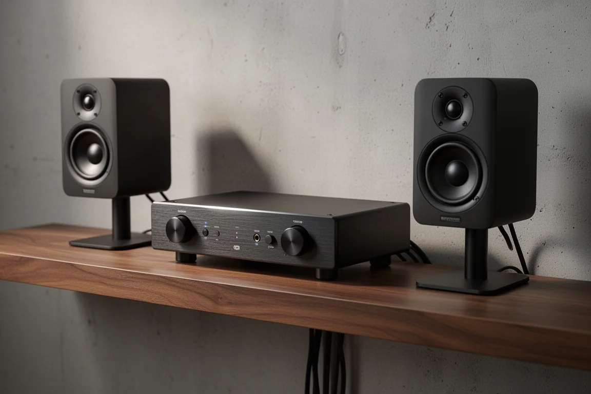 Slim streaming amplifier on a walnut shelf between two stand-mounted speakers