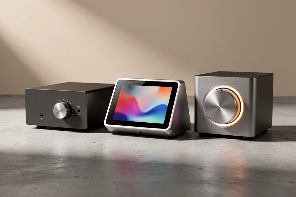 Three compact streaming amplifiers in a row on a matte concrete surface