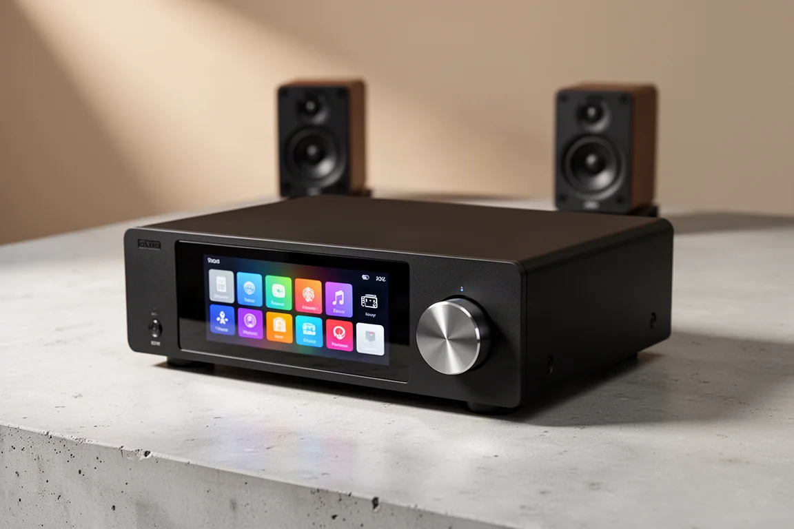Compact matte black streaming amplifier with glass touchscreen on a pale concrete surface