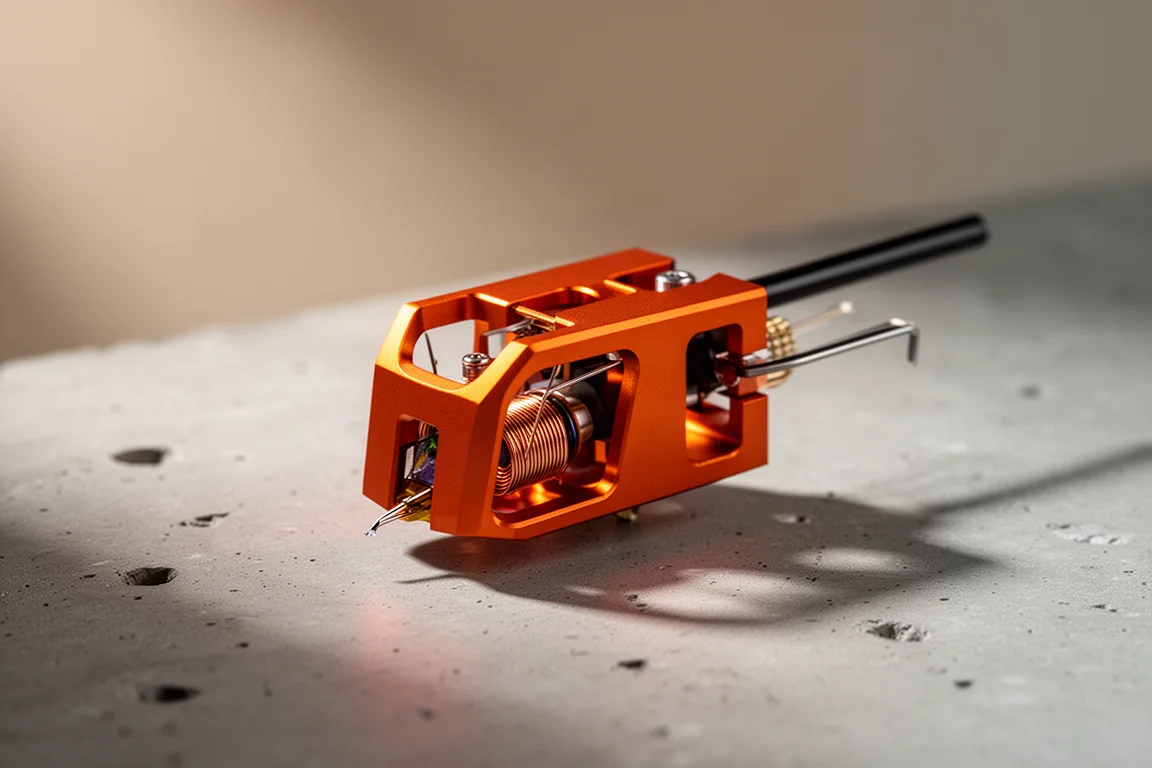 Anodised orange moving coil phono cartridge with boron cantilever on a concrete surface