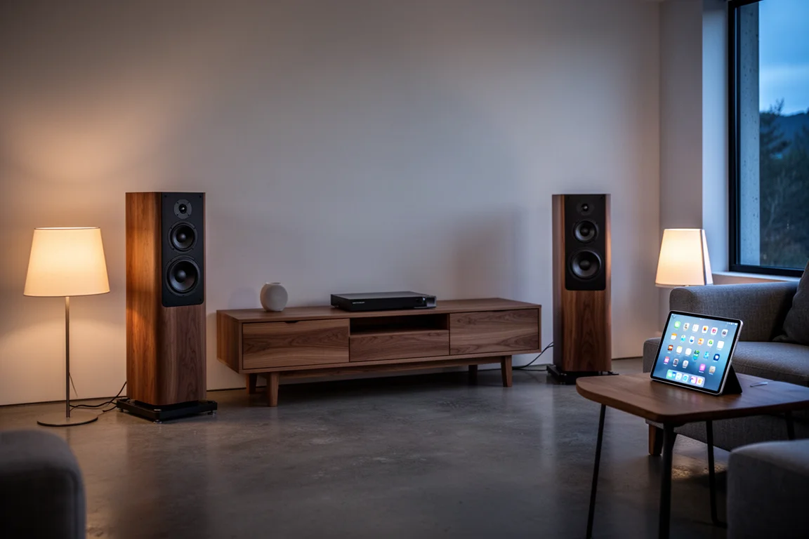 Living room listening setup with speakers and a tablet on a side table at dusk