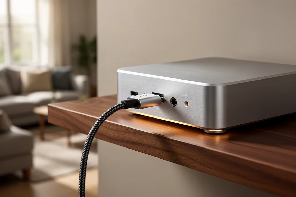 Close-up of a USB cable seated in the rear port of a compact desktop DAC